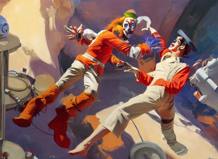 Image similar to a highly detailed beautiful portrait of a clown and a mime fighting on a space station, by gregory manchess, james gurney, james jean