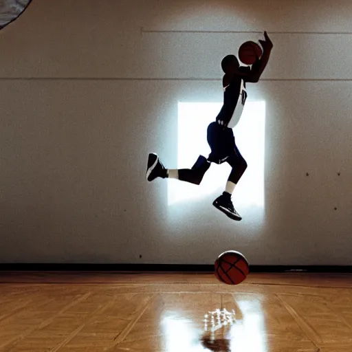 Image similar to film still of a llama dunking a basketball, low angle, extreme long shot, indoors, dramatic backlighting