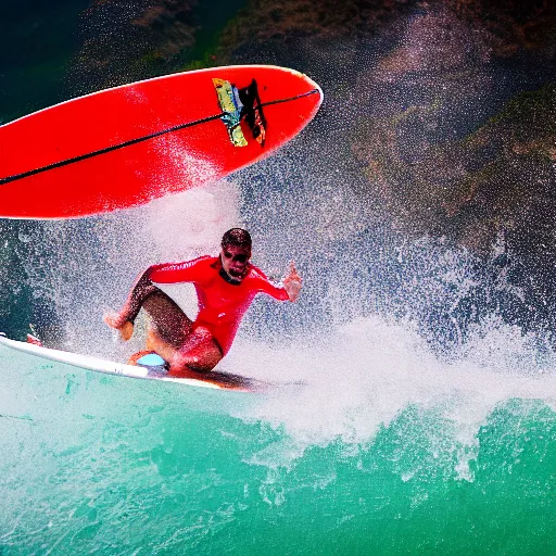 Image similar to a surfer surfing on a large wave of ketchup, through a sea made of ketchup, on a sunny day, 8 k, wide angle photography