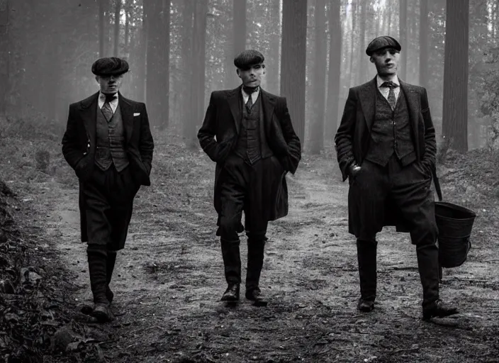 Prompt: a scene from peaky blinders, medium long shot, cillian murphy and tom hardy in a dramatic scene in the woods, sharp eyes, serious expressions, detailed and symmetric faces, black and white, epic photo by talented photographer ansel adams,