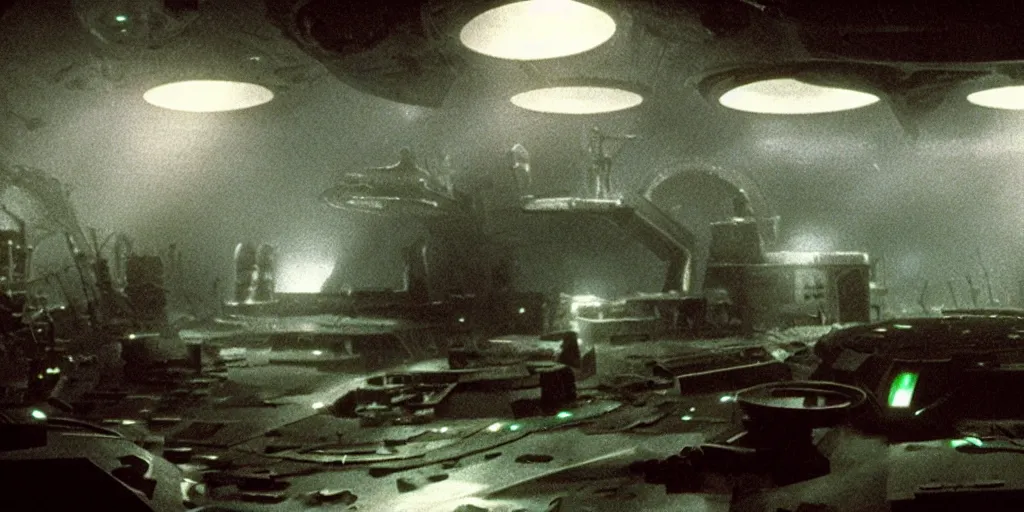 Image similar to film still of inside a dark futuristic scientific research outpost with complicated machinery and lasers in a moist foggy jungle, science fiction, laser lights and spooky shapes, ridley scott, lights through fog, futuristic outpost building, wet lush jungle landscape, dark sci - fi, 1 9 8 0 s, beige and dark atmosphere, ridley scott