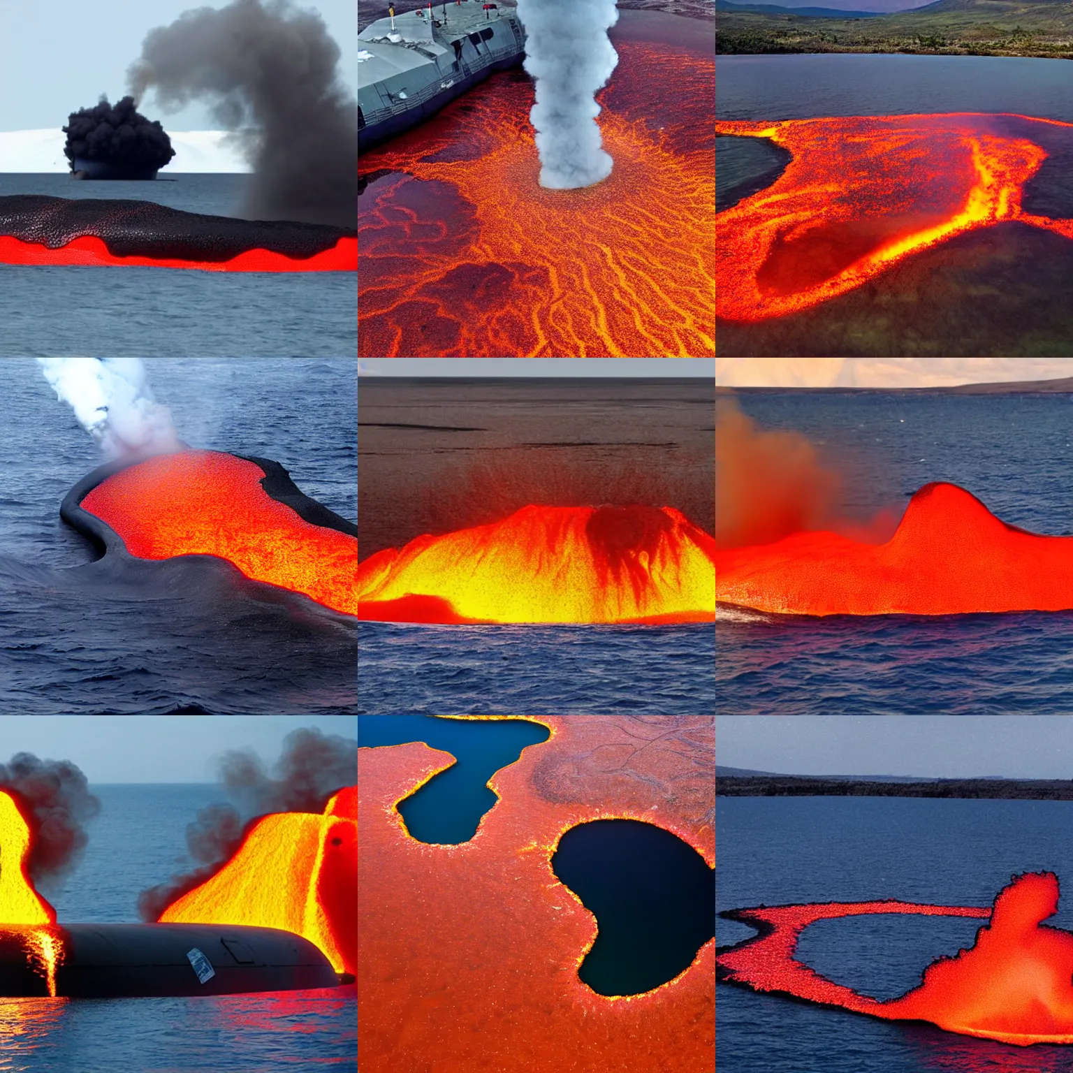 Prompt: A lake of molten lava, a submarine surfacing in it