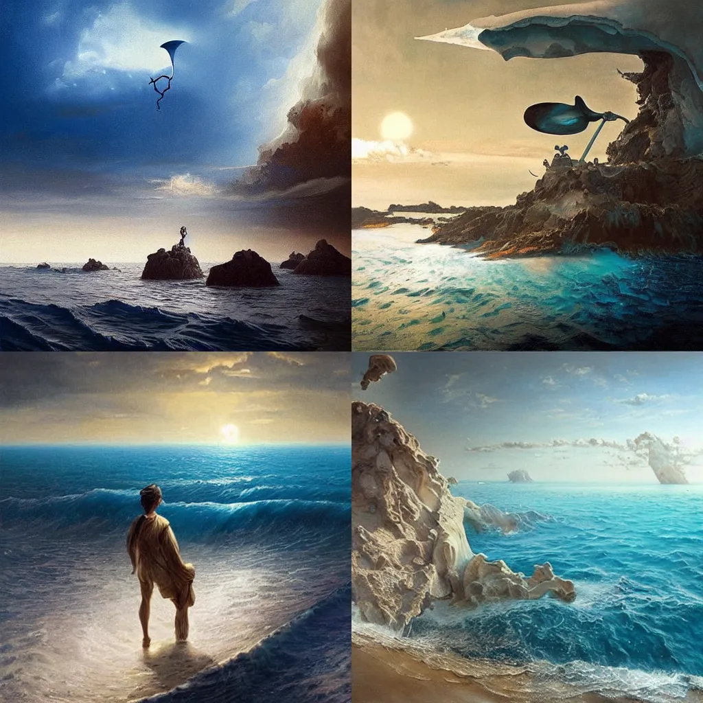 Prompt: blue sky leaking into an ocean, dreamlike surrealism, 4 k, award - winning, painting by salvador dali, by greg rutkowski