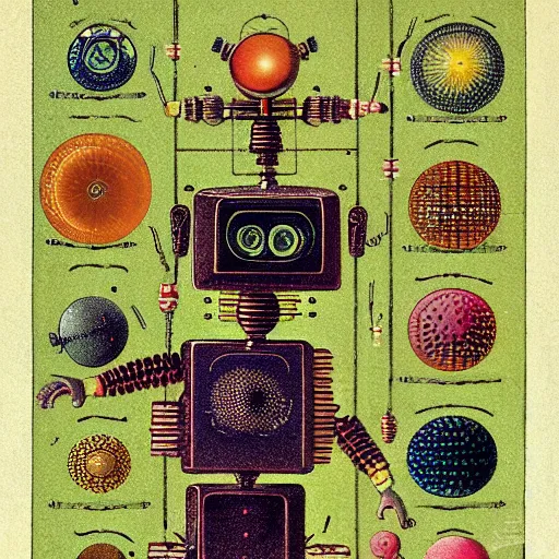 Image similar to beautiful illustration, color plate from the book “ various microscopic robots ” published in 1 8 6 2