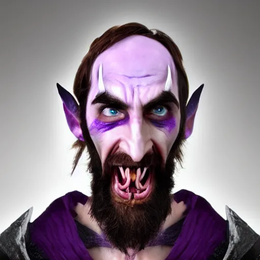 Prompt: twitch streamer asmongold as a night elf, detailed face, angry and screaming, purple!!! skin, balding, world of warcraft cosplay, medium shot, studio lighting