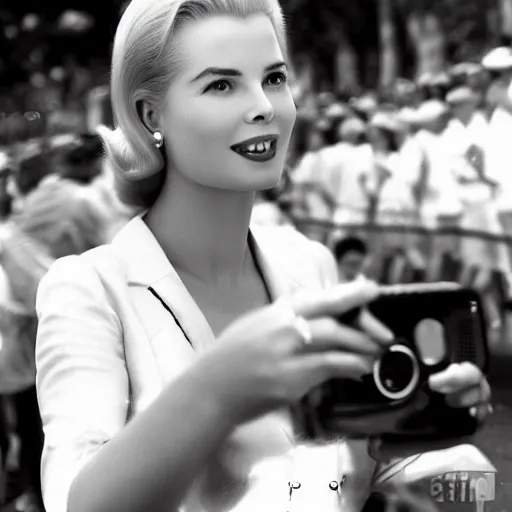 Image similar to selfie smartphone photo of a young Grace Kelly at the Monaco Gran Prix, F1 cars blurred in background, iphone photo, smartphone resolution, low resolution camera