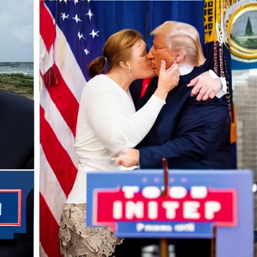 Image similar to 4 k hdr full body wide angle sony portrait of ron desantis kissing donald trump with moody stormy overcast lighting