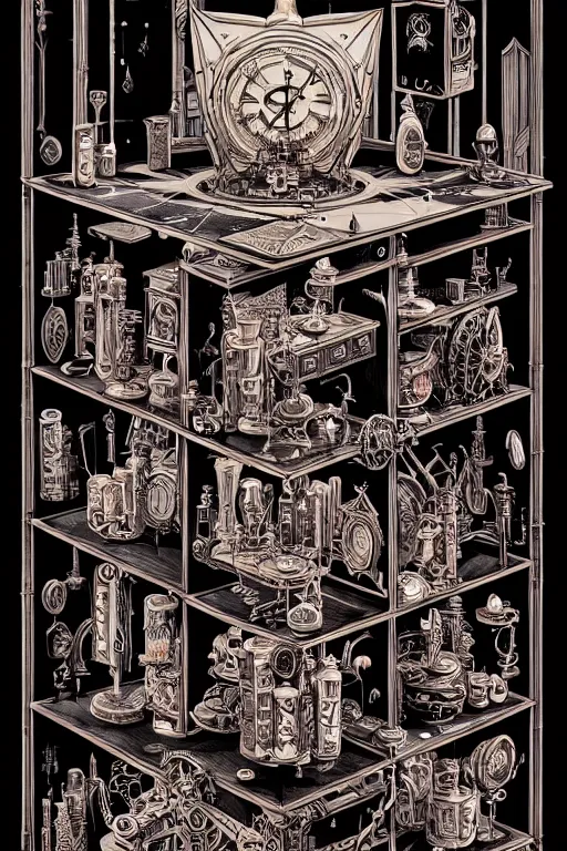 Image similar to a majestic steampunk alchemists bookshelf, two point perspective, furniture, high details, bold line art, by vincent di fate and joe fenton, inking, etching, screen print, masterpiece, trending on artstation, sharp, high contrast, hyper - detailed,, hd, 4 k, 8 k