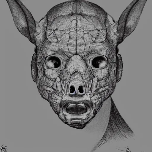 Image similar to drawing anatomical drawing eyes, detailed snout, neck the barbarian 1 billion years cinematic, realistic, intricate head, was flying kim tschang