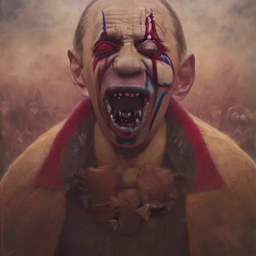 Image similar to vladimir putin, drunk jester, drunk circus performance, wearing clown nose, horror teeth, fantasy 3 d render, masterpiece, by donato giancola and greg rutkowski and wayne barlow and zdzisław beksinski, realistic face