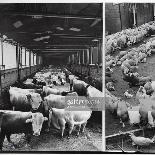 Image similar to Newspaper pictures of cows and chickens on strike over conditions in factory farms, vintage photography, highly detailed,