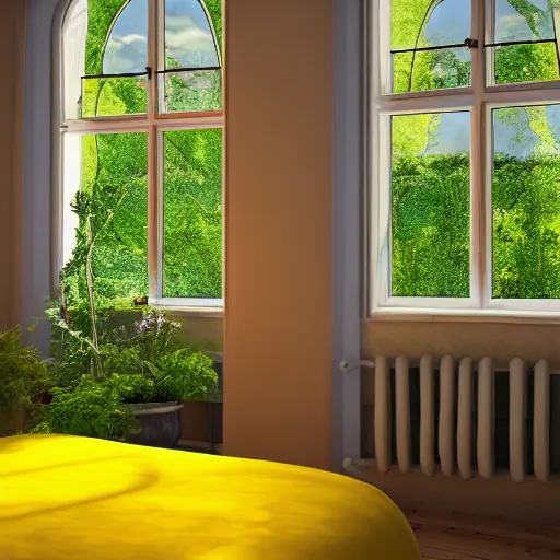 Image similar to a yellow moon shaped bed in a blue room, with plants in the windows of the room, 8 k, trending on artstation, hdr