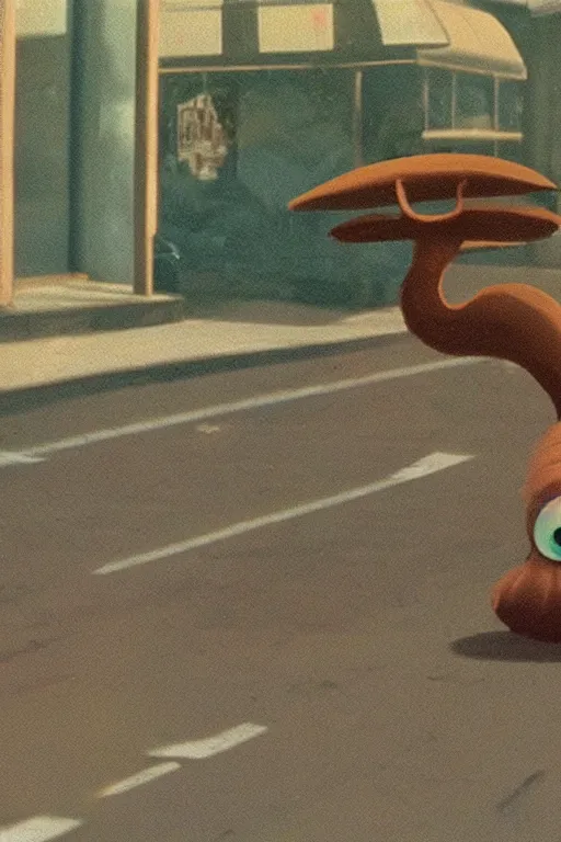 Prompt: still from vhs!! footage of snail!! cryptid walking down street
