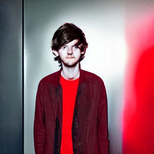 Prompt: madeon looking longingly to the left, harsh red lighting, studio photograph, award winning