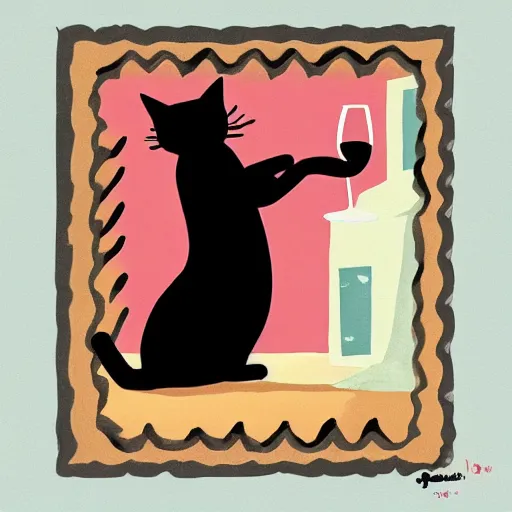 Prompt: A black cat drinking wine in the style of disney