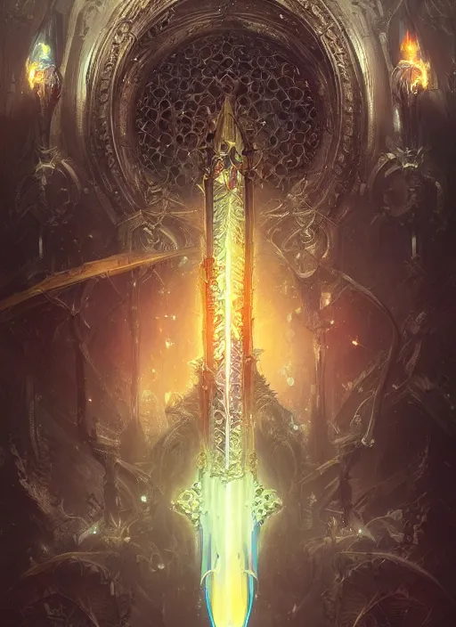 Image similar to legendary sword of technology, ornate gothic baroque spikes, glowing face, detailed realistic, ray tracing, colored gems, art by wlop and greg rutkowski and artgerm