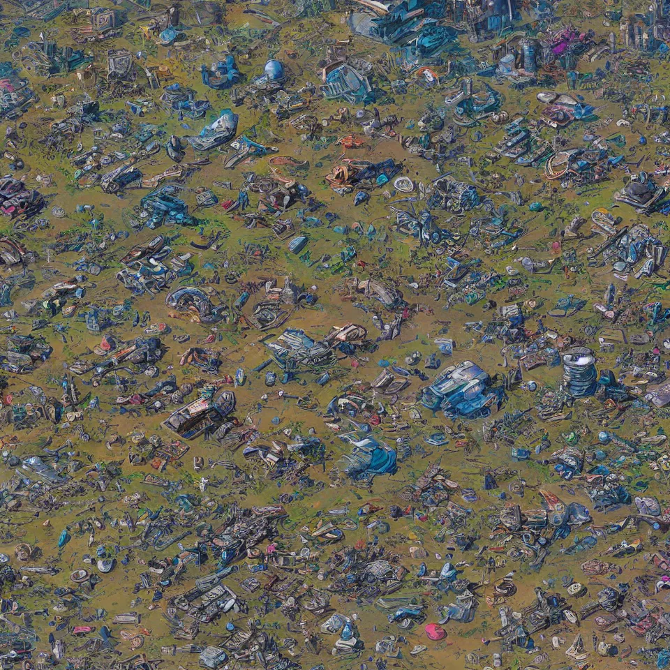 Prompt: a map of a junkyard planet, detailed sci fi art. top down view of a small settlement and surrounding wasteland/dumping ground. moebius. high resolution digital painting.