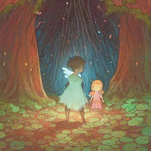 Image similar to a faerie and firefly couple living inside a hollow in a tree, masterpiece soft focus painting by kerascoet by marie pommepuy and sebastien cosset by studio ghibli, award winning illustration, bande dessinee, nostalgic painting, dynamic lighting