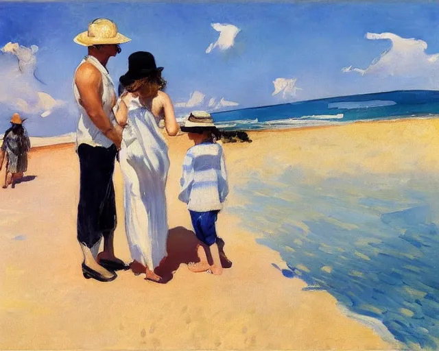 Image similar to a couple and a girl toddler on a beach in sardinia looking at a sailing boat, the man is wearing a panama hat, the woman has long dark hair, white sand, blue sky, summer, white and blue, painting by joaquin sorolla