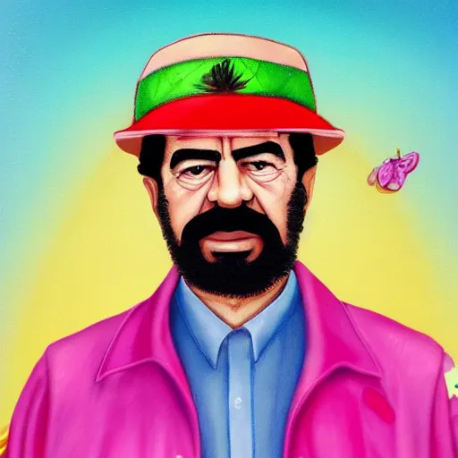 Image similar to professional portrait of saddam hussein wearing a pink puffy jacket and a bucket hat, rainbow background, 8 k, very detailed, very intricate,