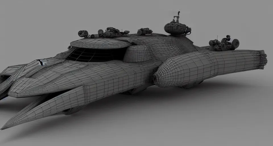 Image similar to highly detailed cinematic scifi render of 3 d sculpt of fury road spaceship