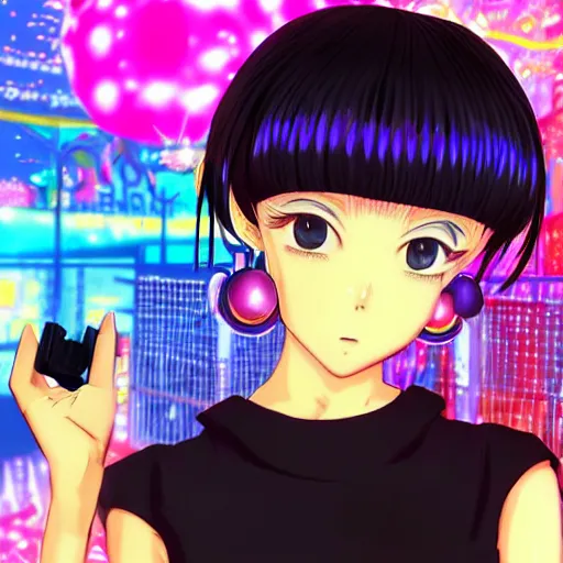 Prompt: Manga cover portrait of an extremely cute and adorable beautiful afrofuturism ASMR anime girl with mesmerizing piercing eyes and a black bobcut hairstyle playing Dance Dance Revolution, with a flashy modern background with black stripes, 3d render diorama by Hayao Miyazaki, official Studio Ghibli still, color graflex macro photograph, Pixiv