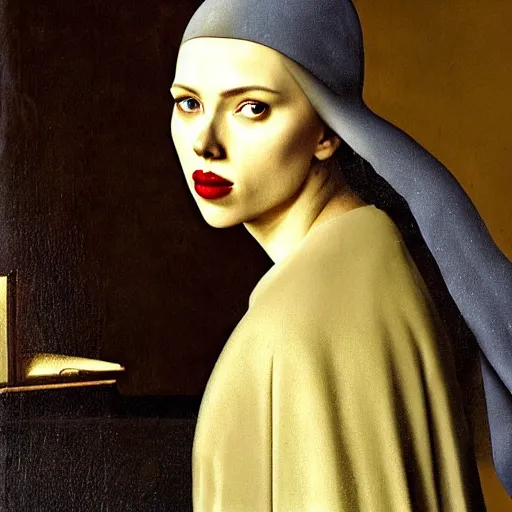 Image similar to A portrait of Scarlett Johansson painted by Johannes Vermeer