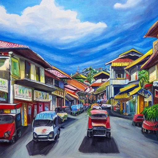 Image similar to a painting of bauguio city phillipines, 8 k, high definition, extremely detailed, photo - realistic