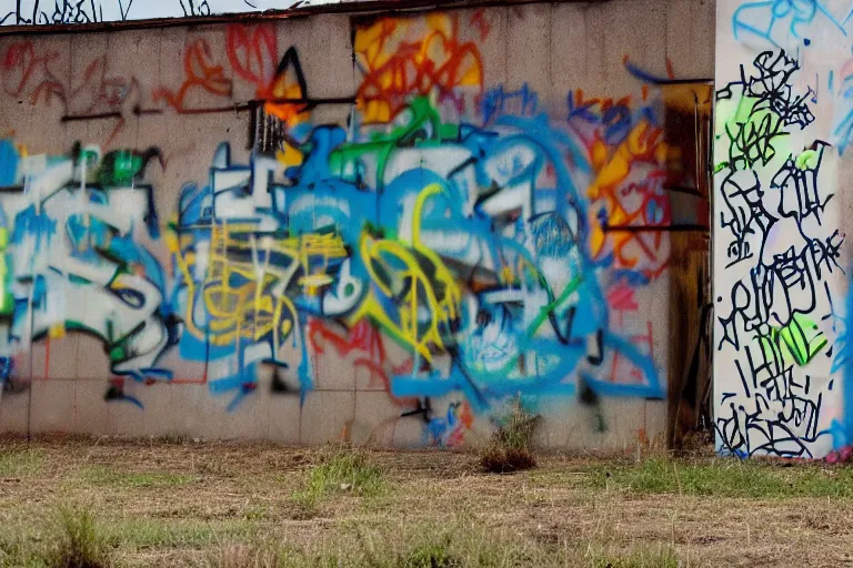 Image similar to A graffitied name on an abandoned warehouse building. Each letter of the name is filled with a different portal to another dimension