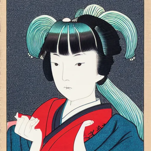 Prompt: ukiyo - e paintings of hatsune miku