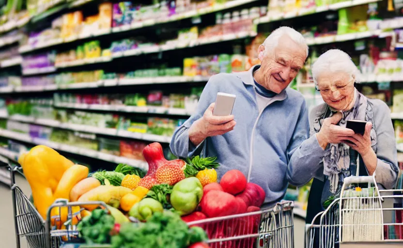 Prompt: old couple in a grocery shop, scanning items with smartphone, hold up smartphone, smartphone displays qr code, shopping carts full of groceries, close - up, extremely detailed photo, great composition, advertisement photo by morten krogvold