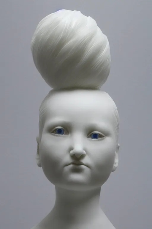 Image similar to full head and shoulders, beautiful female porcelain sculpture by daniel arsham and raoul marks, smooth, all white features on a white background, delicate facial features, white eyes, white lashes, detailed white, lots of real blue hair in a winding hairstyle on the head