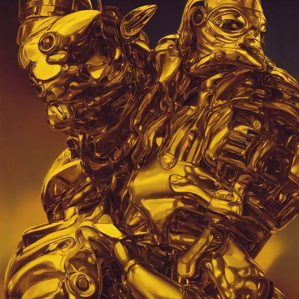 Image similar to cinematic bust portrait of psychedelic god robot from left, head and chest only, robotic improvements, part of Moebius, part of maxfield parrish, part of Thomas Ehretsmann,, oil on canvas, masterpiece, trending on artstation, cinematic composition, dramatic pose, beautiful lighting, sharp, details, hyper-detailed, volumetric lighting 4K