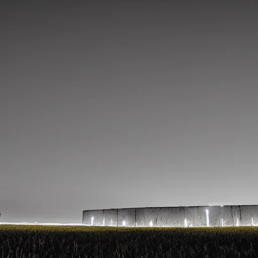 Image similar to a field during nighttime with a concrete monolith in the distance, liminal, 4 k