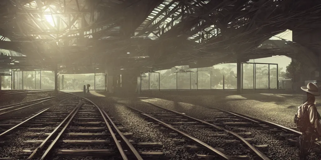 Image similar to photo of cyborg waiting for a train, 1970's, soft light, morning light, photorealistic, details, octane render, cryengine, 8k, cinematic shot