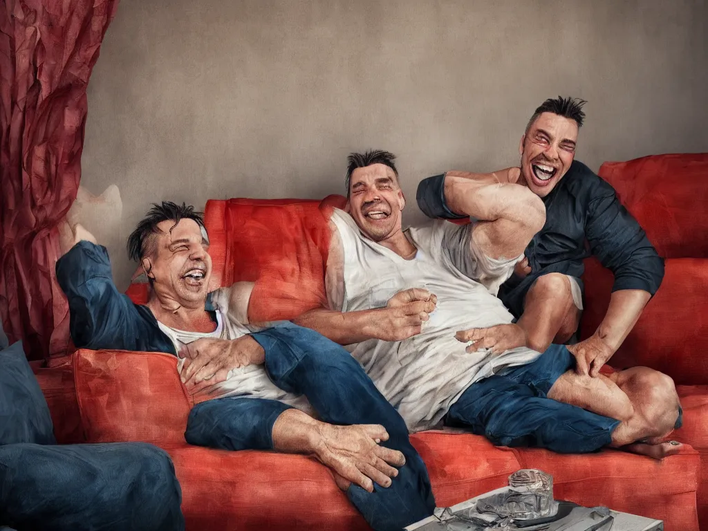 Prompt: detailed digital painting of till lindemann sits on the couch with grandmother and laughing by handoga, stunning scene, 4 k, realism, bright colors, trending on artstation