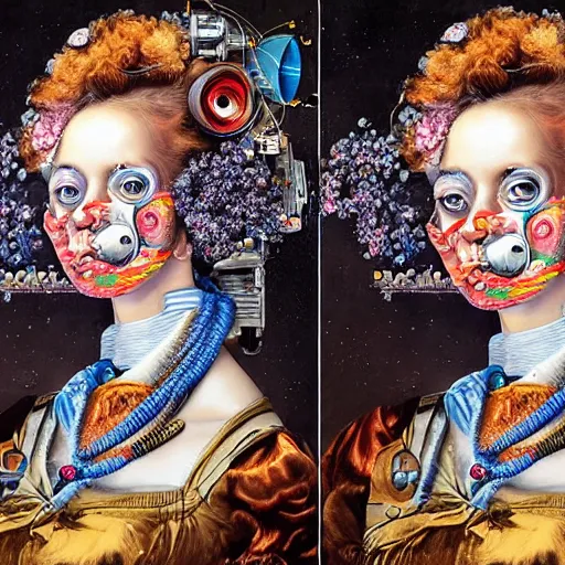 Prompt: deepdream portrait of a female scientist who is also a robot, rococo style, by Sandra Chevrier