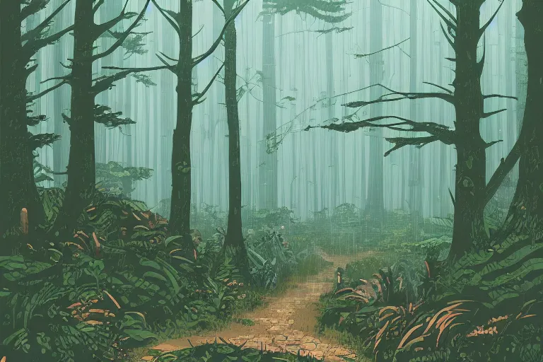 Image similar to A rainy forest in the style of Ghibli Studio and Dan Mumford, detailed