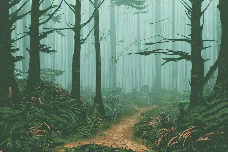 Prompt: A rainy forest in the style of Ghibli Studio and Dan Mumford, detailed