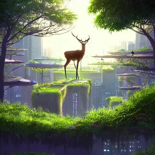 Image similar to highly detailed digital art of a deer standing on an overgrown rooftop looking into the lush solarpunk city below, sunshine, kimi no na wa, trending on artstation, tranquil, by ghibli