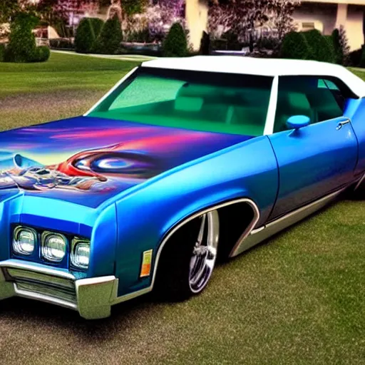 Prompt: photo of a buick riviera 1 9 7 0 boatstail low rider, the hood is airbrushed with an airbrush painting by boris valejo 3 5 mm, daylight