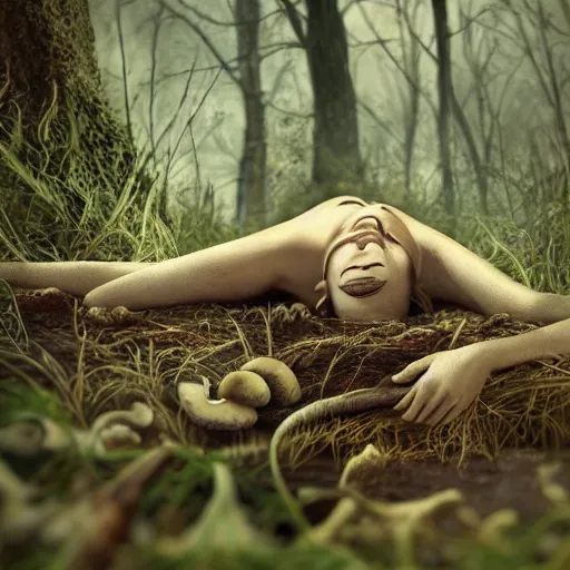 Prompt: rotting woman laying on back looking up, overgrown with nature, decay, mushrooms, rot octane render 4 k hd concept art photo realism white eyes scary beautiful