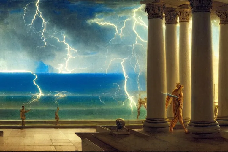 Image similar to mediterranean balustrade and palace columns, refracted lightnings on the ocean, thunderstorm, tarot cards characters, beach and Tropical vegetation on the background major arcana sky and occult symbols, by paul delaroche, hyperrealistic 4k uhd, award-winning, very detailed paradise