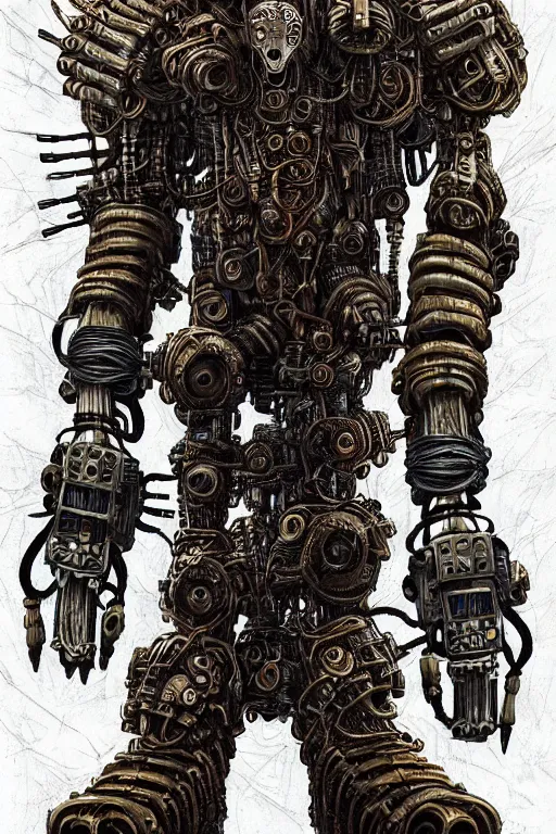 Image similar to wild monstorous anthropomorphic biomechanical bear warrior wearing dreadlocks made of cables and wires. Upgraded with hightech cyberwares. huge, big, giant bear human hybrid, mecha animal, tall, detailed woodcut armor, terrifying and dangerous, scary, beautiful, steampunk monster android hybrid art portrait, matte scifi fantasy painting, half robot half bear. DeviantArt Artstation, by Jason Felix by Steve Argyle by Tyler Jacobson by Peter Mohrbacher, cinematic lighting