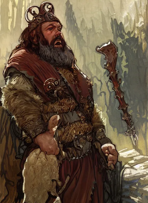 Image similar to Hulgen the dwarf. A humble dwarven stone mason completes the great gate of kings. Fantasy concept art. Moody Epic painting by James Gurney, and Alphonso Mucha. ArtstationHQ. painting with Vivid color. (Dragon age, witcher 3, lotr)