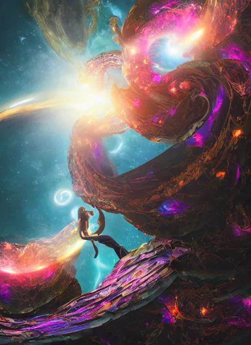 Image similar to An epic fantastic realism comic book style painting of the most beautiful spiraling entwined flowers launched exquisitely across the dark spinning universe, flares of nearby stars, fisheye lens, unreal 5, DAZ, hyperrealistic, octane render, dynamic lighting