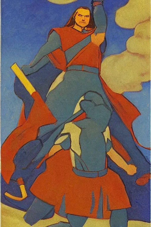 Image similar to thor with hammer, marvel, artwork by nicholas roerich,