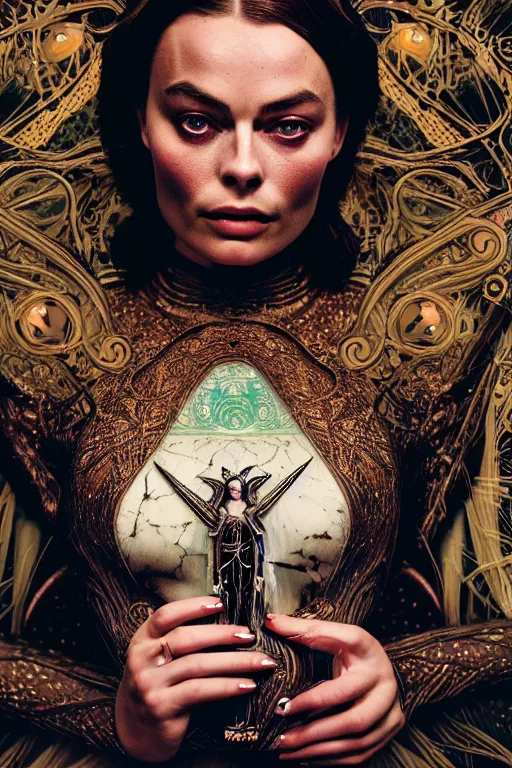 Image similar to Cinestill 50d, 8K, highly detailed, major arcana H.R Giger art nouveau nightmare Agnieszka Lorek tarot star card style 3/4 extreme closeup portrait of margot robbie, eye contact, focus on model, tilt shift background: famous major arcana tarot remake, transformation scene