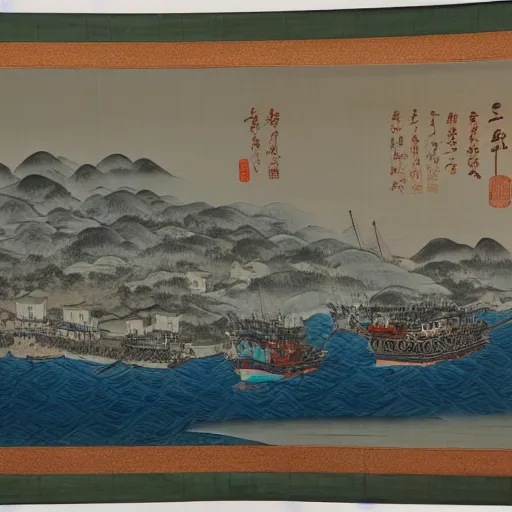 Image similar to a hanging scroll painting of a panorama of a tuna fishing port, by Ma Lin, ink and color on silk, detailed, landscape