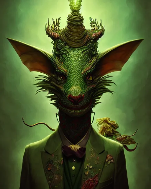 Image similar to anthropomorphic art of a detective dragon, green dragon, portrait, victorian inspired clothing by artgerm, victo ngai, ryohei hase, artstation. fractal papersand books. highly detailed digital painting, smooth, global illumination, fantasy art by greg rutkowsky, karl spitzweg